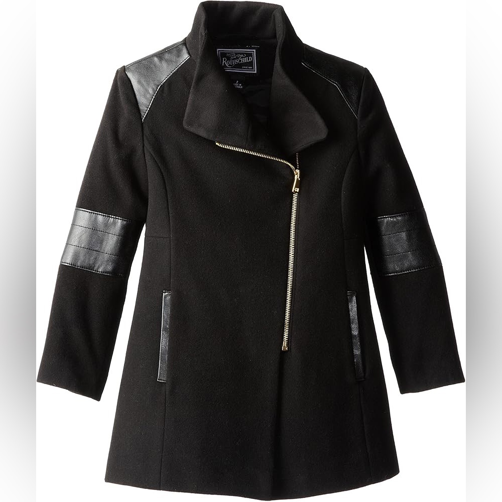 Rothschild Black Dress Coat with Leather Accents size 7
